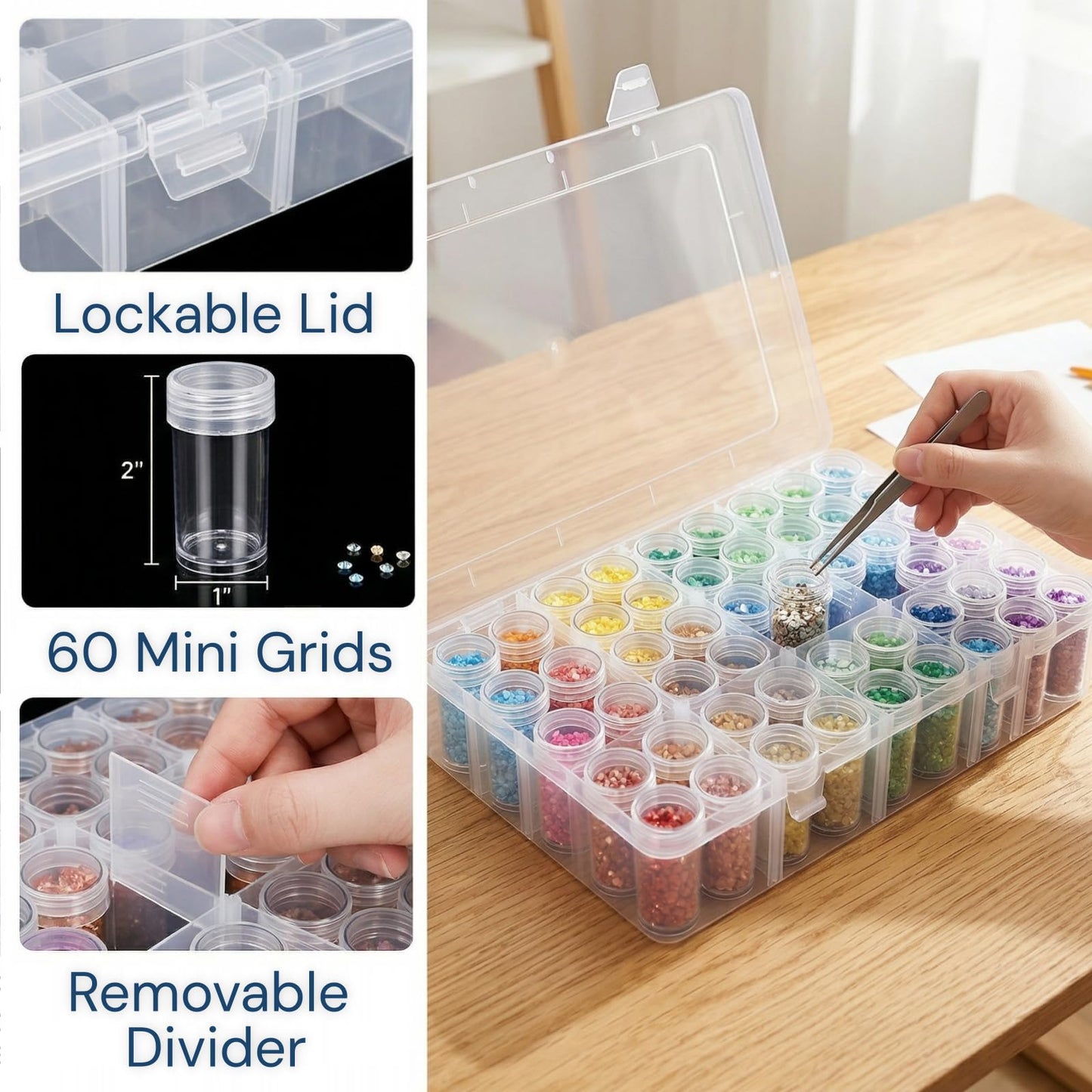 Pumtus 2 Pack Diamond Art Storage Containers, 120 Grids Beads Organizer Box with Label Stickers, Plastic 5D Embroidery Accessories Storage Case Jars for DIY, Art, Craft, Rhinestone, Seed