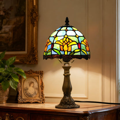 MOAN Small Lamp Stained Glass Table Lamp 8X14.5 Inch Bedside Reading Light Antique Light Desk Lamp(Rose Style)