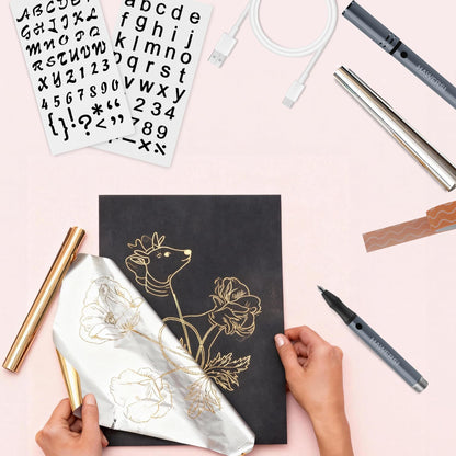 HAWERSI Cordless Hot Foil Pen Starter Kit,Foil Quill Tool with Stencil Sheets,4 Metal Tips(Fine,Standard,Bold,and Flat),Rolls in Gold,Silver and Placement Tape DIY Scrapbooks,Leather,Cards