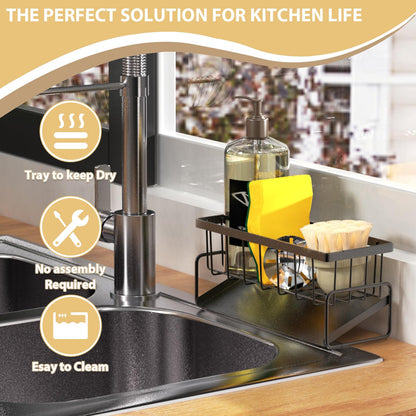 KABUM Sponge Holder Drain Rack for Kitchen Sink - 4-in-1 Organizer Holds Sponge, Soap, Stopper & Mini Brush, 9” Long Rustproof Carbon Steel Tray, Essential Kitchen Storage for a Tidy countertop, Grey