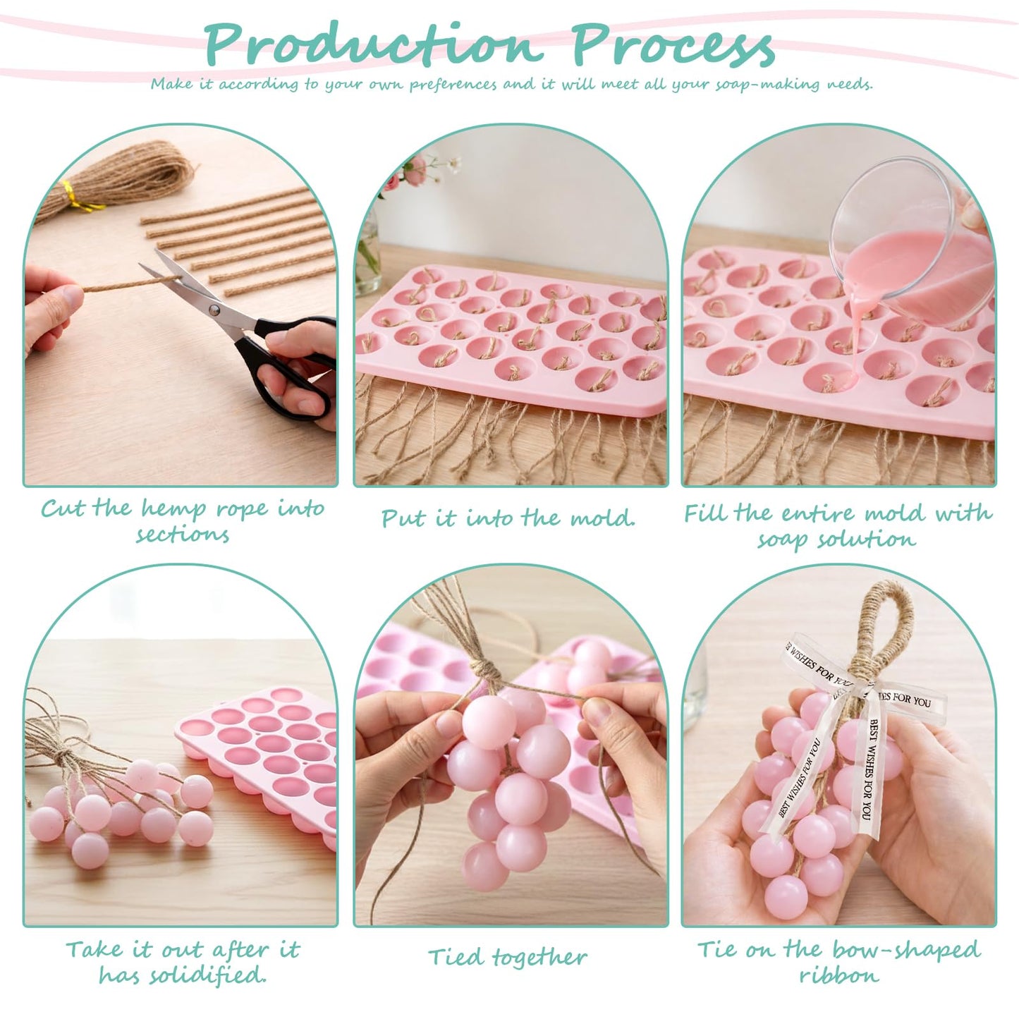 2 Pack Silicone DIY Soap Making Kit,Grape Soaps Silicone Molds with Jute Rope,Ribbon, Exquisite 25 Cavities Silicone Molds for DIY Homemade Craft(Without Soaps)