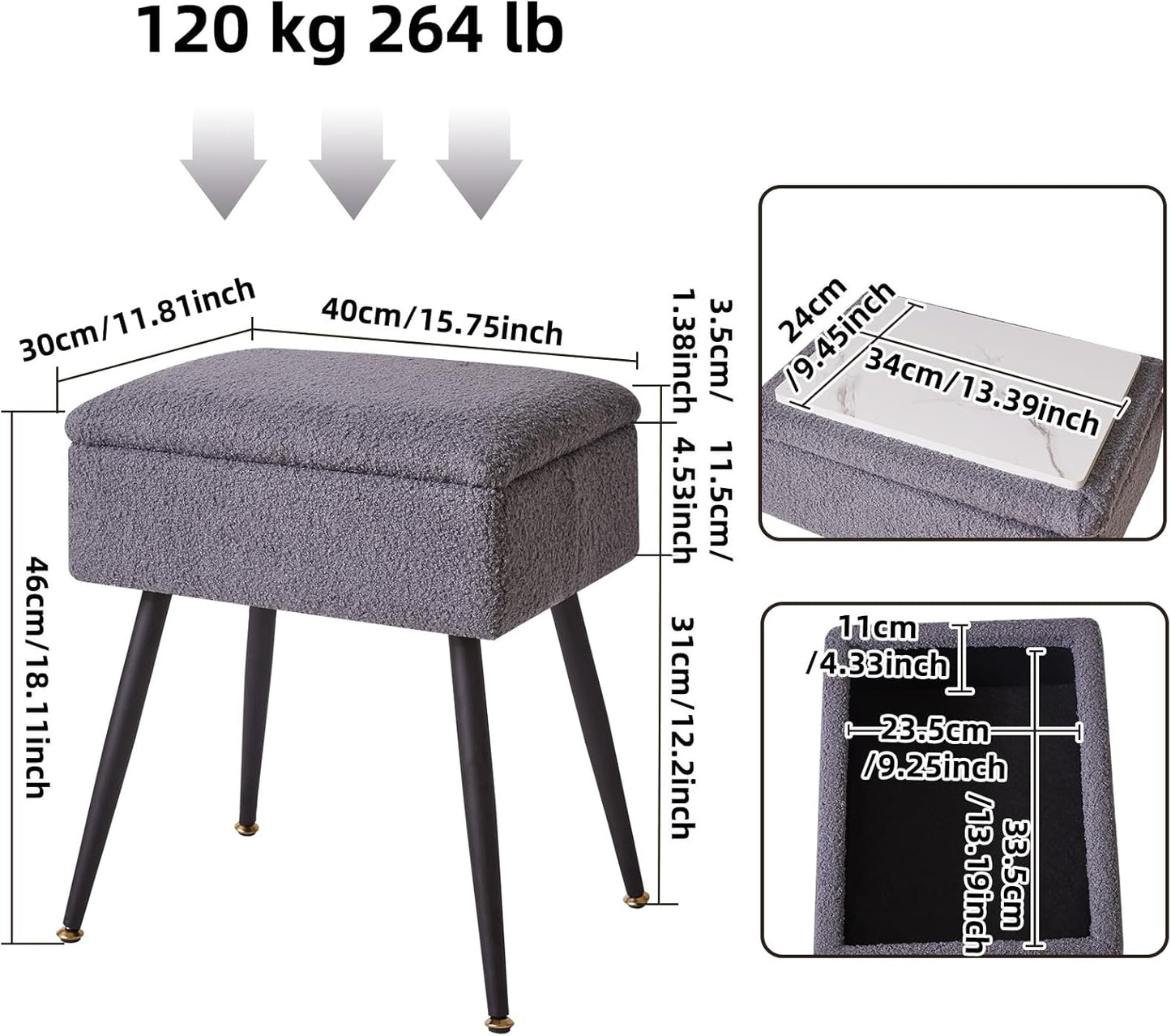 4 15.7" 11.8" 18.1" YD-SMS137G Aibiju Vanity Stool Chair Teddy Velvet with Storage, Grey Ottoman with Storage, Furry