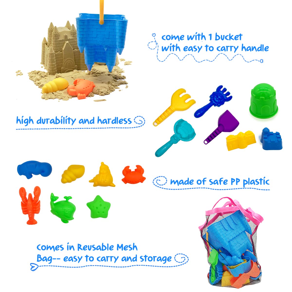 SupMLC Beach Toys, 27 Pcs Sandbox Toys for Kids, Sand Castle Building Kit, Sand Buckets, Collapsible Mesh Bag, Shovels, Dinosaur Molds – Travel Sand Toys for Boys Girls Age 3-10 Beach Accessories