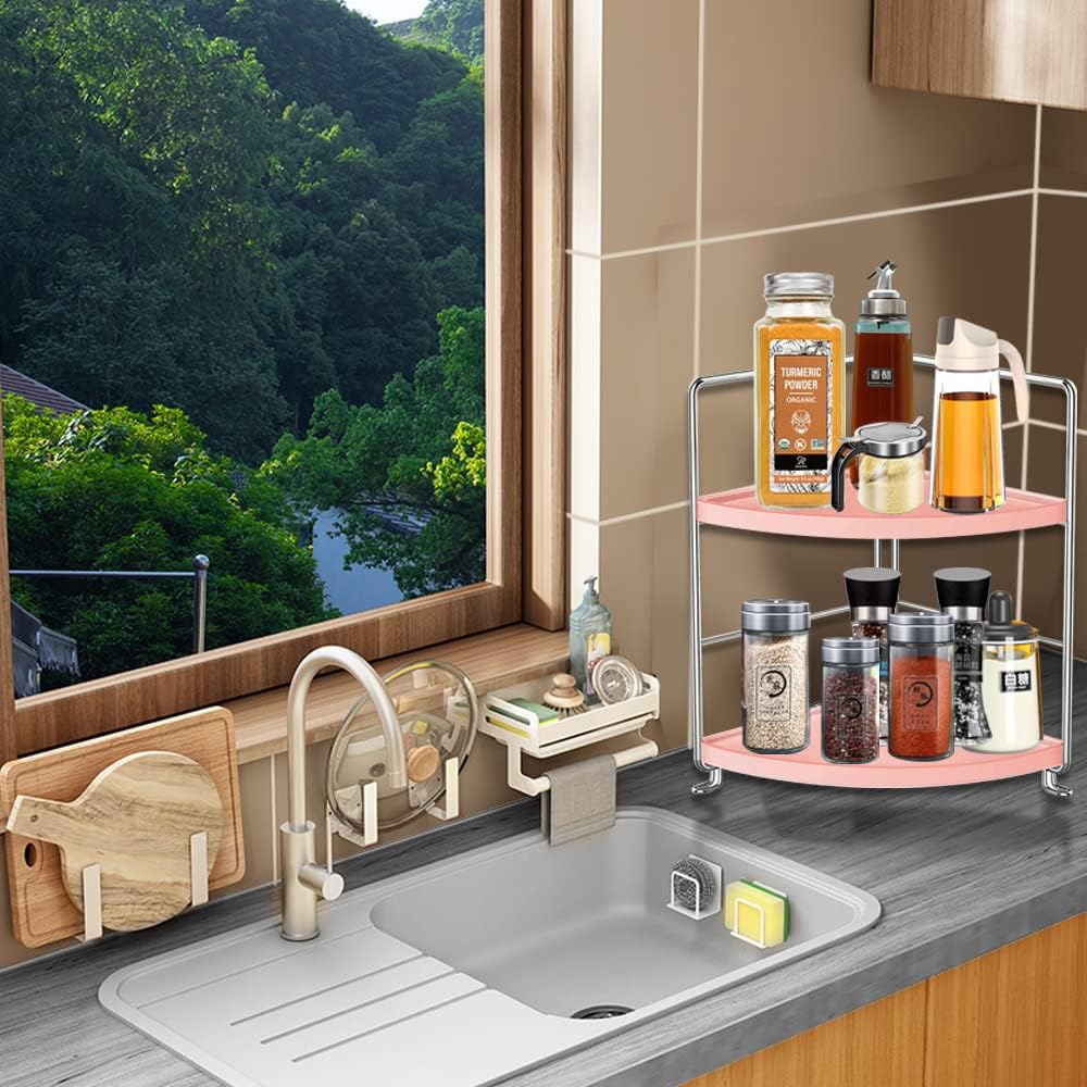 Kitchen Spice Rack, Freestanding Stackable Organizer Shelf, 2-Tier Bathroom Countertop Storage Shelf, Pink