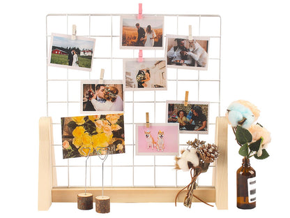 WANMEIZI 15.7”X15.7” Grid Wall Countertop Display Stand Metal Grid Wall Stand with Mini T-Base Portable Tabletop Display Unit with 20 Small Clips for Shows Retail Crafts Artistic Drawings Photos