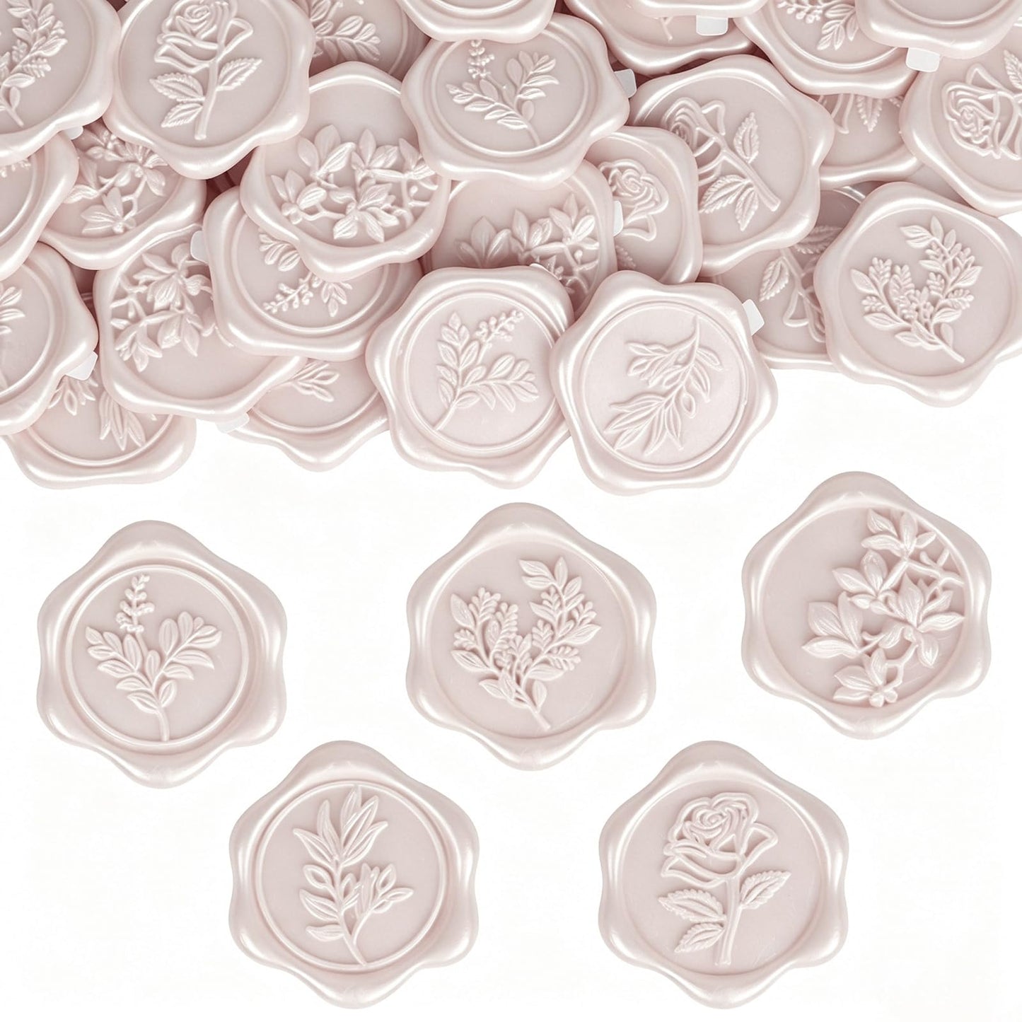 Pollize 50PCS Champagne Wax Seal Stickers 5 in 1, Wedding Envelope Seal Stickers, Self-Adhesive 3D Leaf Design Wax Seals for Invitation, Gift Wrapping, Graduation Party (Leaf Styles)