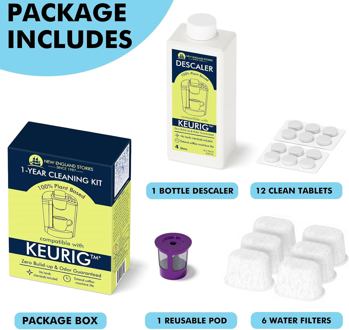 New England Stories Keurig Compatible Descaling Set, 1 Year Cleaning Set with Descaler, Cleaning Tablets & Filters