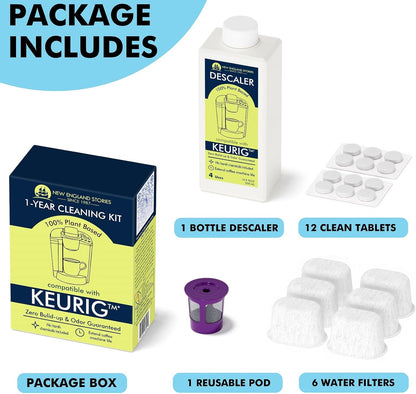 New England Stories Keurig Compatible Descaling Set, 1 Year Cleaning Set with Descaler, Cleaning Tablets & Filters
