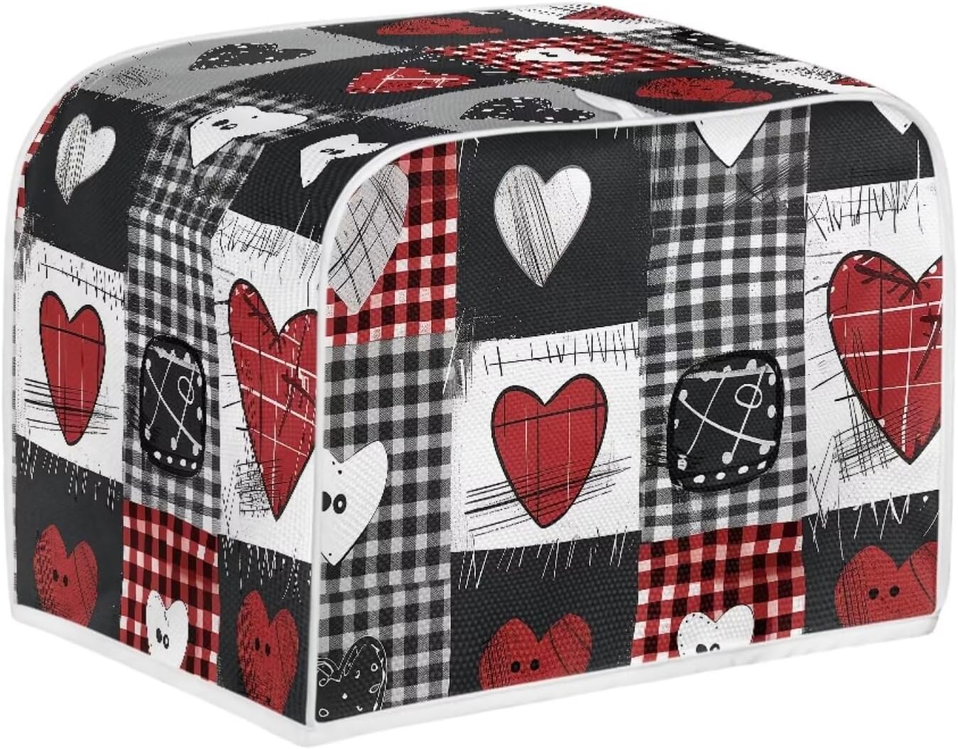 Bulopur Microwave Toaster Cover, Red Black White Love Heart Lattice, Quilted Dust Protection for Standard Toasters