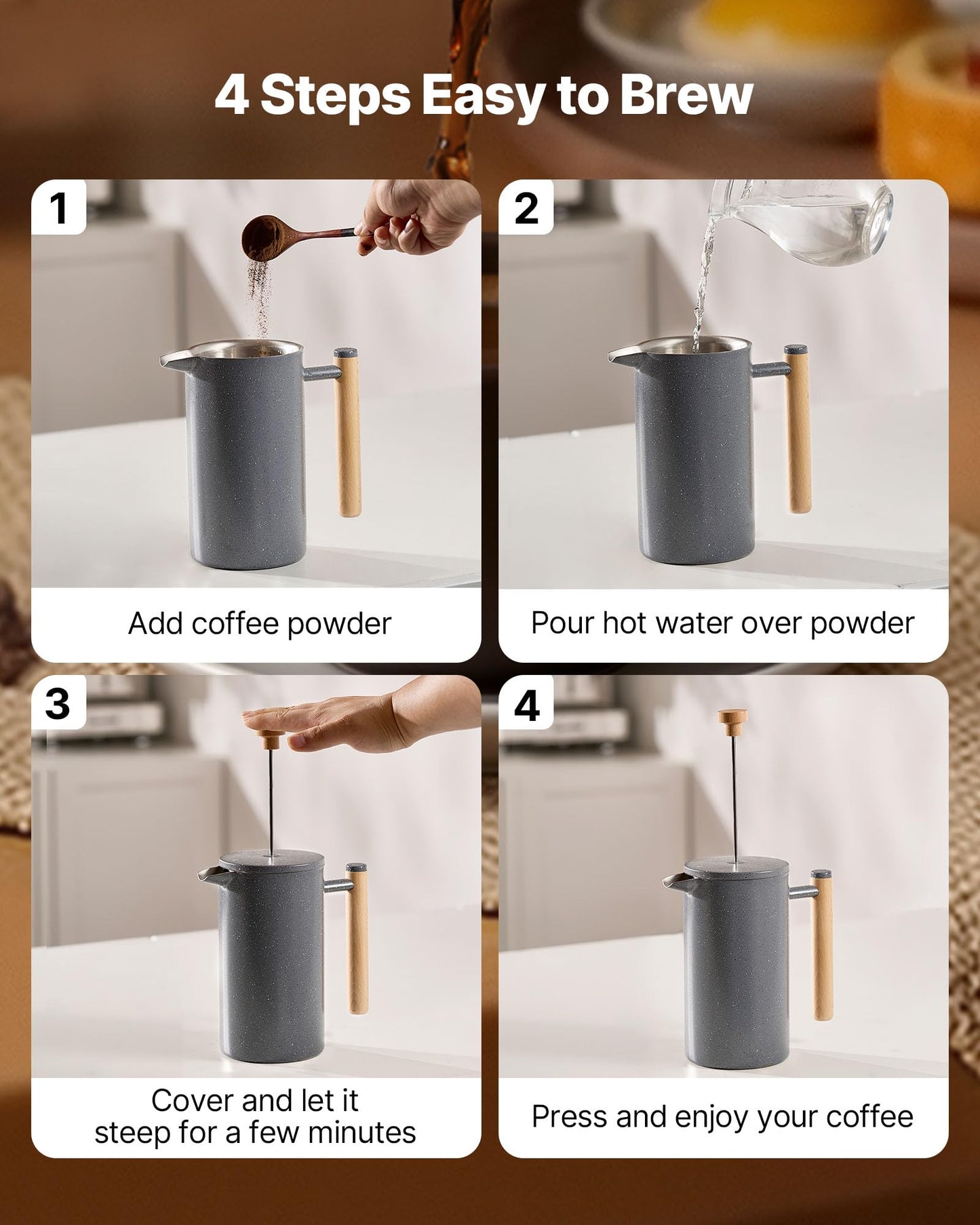 VEVOR French Press Coffee Maker, 34 Ounce 1 Liter Stainless Steel Coffee Press Tea Maker with Filter, Large Double Wall Insulated French Presses Cold Brew for Camping Travel Home Kitchen, Black