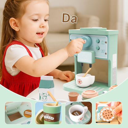 Kids Coffee Playset Toy Coffee Maker Set for Toddler Wooden Kitchen Accessories Pretend Play for Girls Boys Ages Birthday Gifts