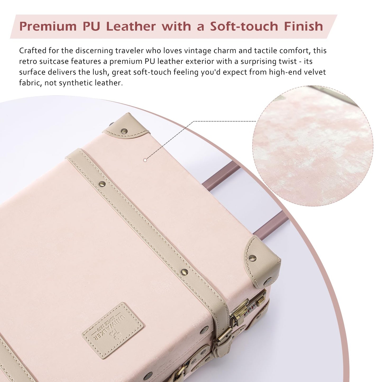 UNIWALKER Vintage Suitcase Set of 3, Retro Leather Travel Luggage with Cosmetic Train Bag for Women(Velvet Pink, 26''+20''+12'')