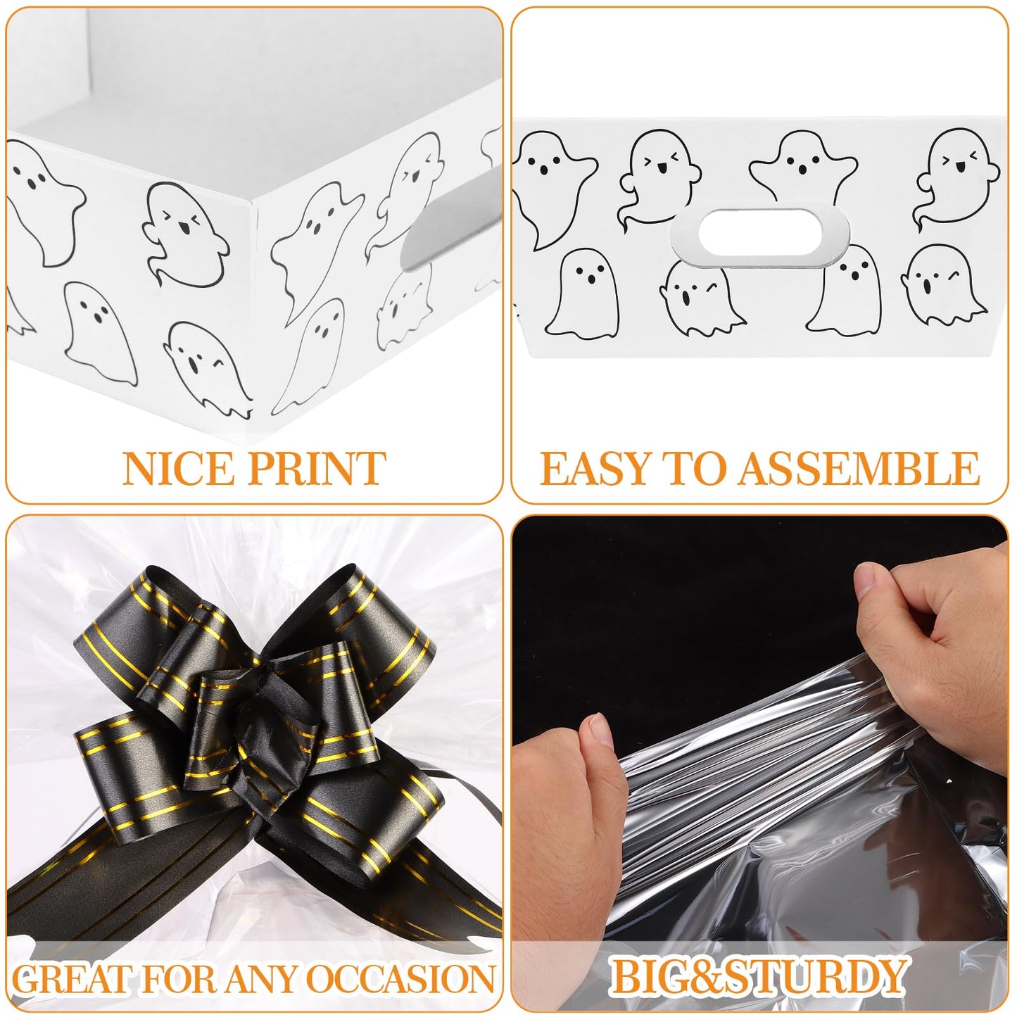 Kolewo4ever 36Pcs 12 Pack Halloween Basket Boo Basket Set 8x10inch Ghost Baskets for Gifts Empty to Fill with Baskets Empty Bags Pull Bows for Halloween Holiday
