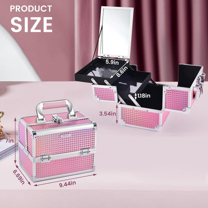 Joligrace Makeup Train Case Makeup Case Organizer Portable Cosmetic Box Storage with 2 Trays Mirror Locking Make Up Travel Case for Nail Kits Cosmetics Craft Traveling Makeup Box Mermaid Pink