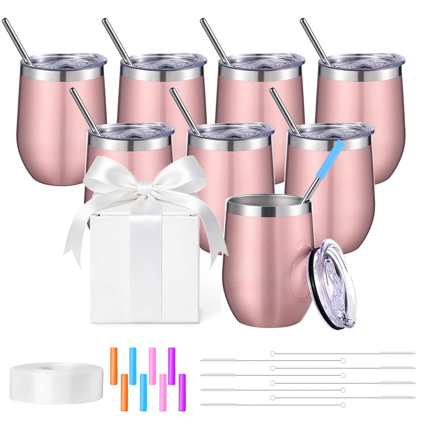 ColorSub 8 Pack 12oz Sublimation Wine Tumblers, Stainless Steel Double Wall Sublimation Blanks Wine Cups with Lids & Straws, Silicone Straw Tips, Gift Box, Rose Gold
