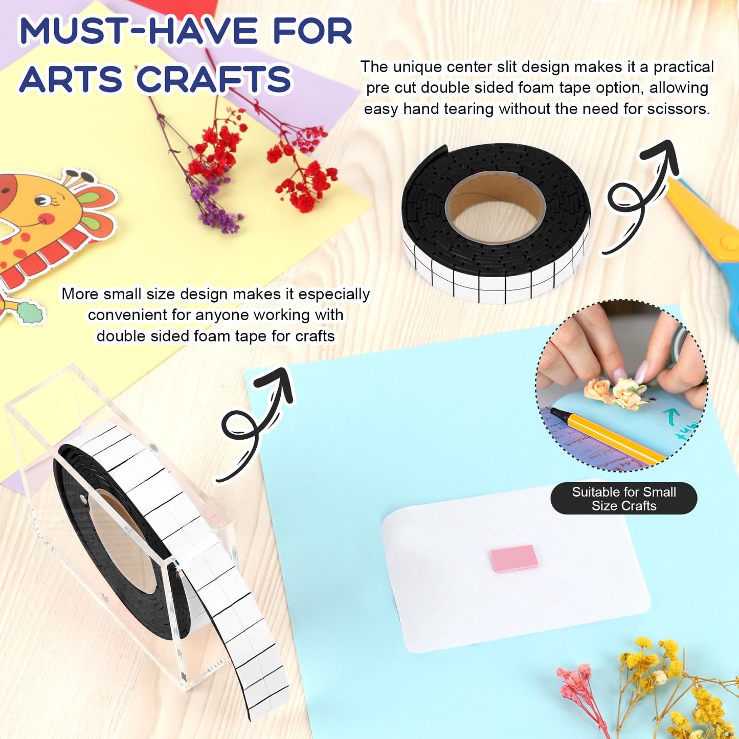 HKSZEH Double Sided Foam Tape for Crafts 0.4 X 0.5 in Pre Cut Double Sided Foam Squares Roll with Acrylic Storage Box Foam Adhesive Squares for Crafts Arts DIY Office Supplies