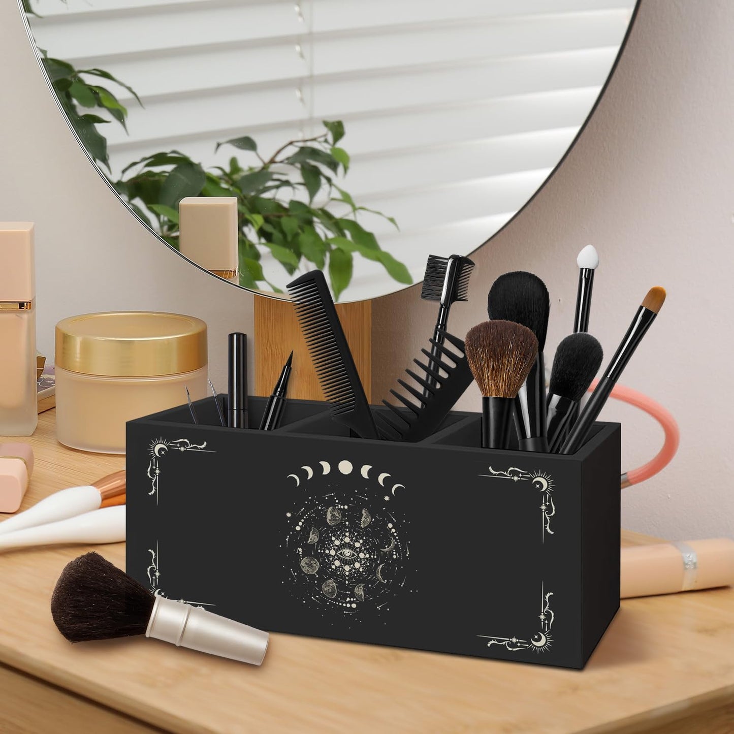 AQYIP Gothic Office Decor Black Wooden Pen Pencil Holder for Desk Accessories, Dark Gothic Witchy Aesthetic Wood Makeup Brush Toothbrush Holder Organizer for Vanity Bathroom