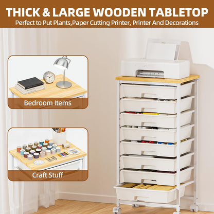OUKMIC Rolling Storage Cart with 8 Drawers, Utility Cart with Wooden Tabletop and Lockable Wheels, Movable Craft Cart, Craft Storage Organizer for Living Room, Bedroom, Classroom, Office, White