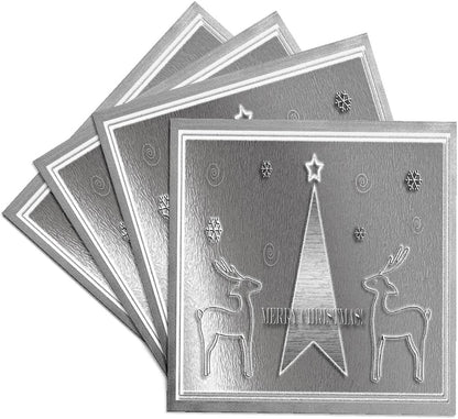 3dRose cst_15272_3 Merry Christmas Ceramic Tile Coasters, Silver Reindeer and Tree, Set of 4