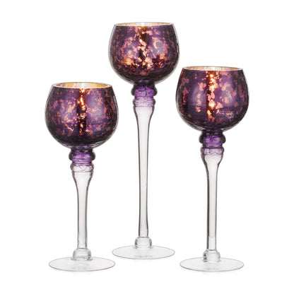 Inweder Glass Tealight Candle Holder: Purple Mercury Votive Holders 9/10/12 Inch Tall Long Setm Floating Candle Holders for Christmas Dining Table Centerpiece Wedding Party Halloween Set of 3
