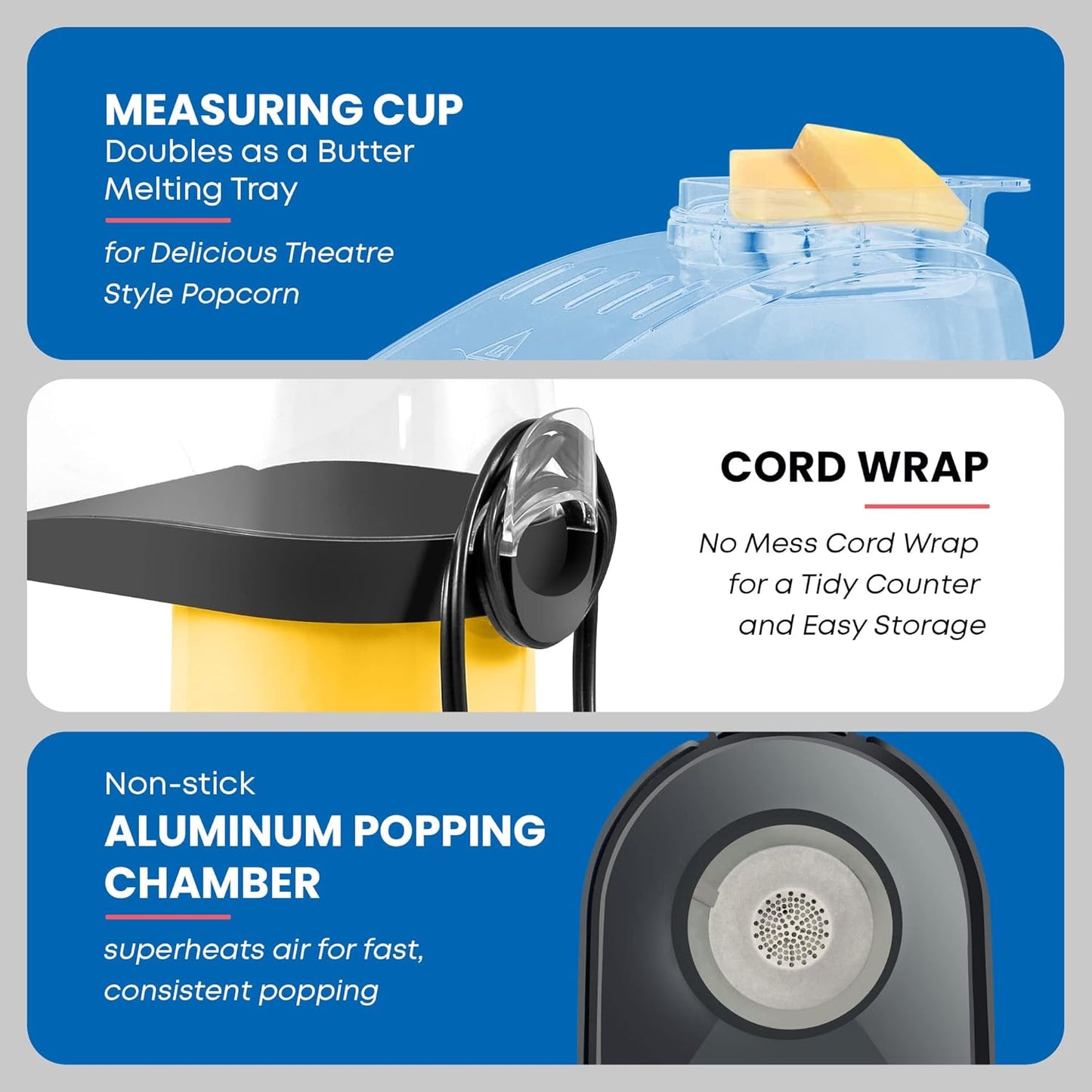 Elite Gourmet Fast Hot Air Popcorn Popper, 1300W Electric Maker with Measuring Cup & Butter Tray