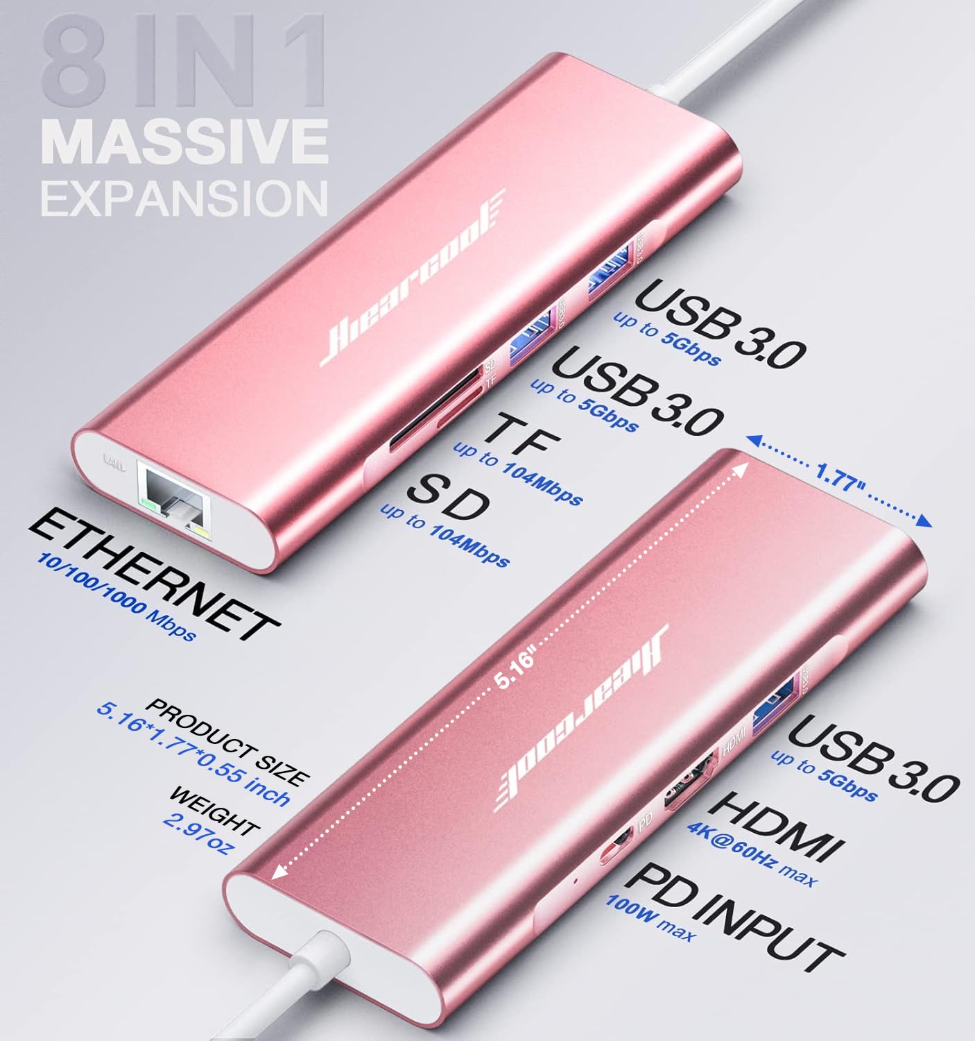 Hiearcool USB C Hub Ethernet,4K@60 USB-C to HDMI Hub,8in1 Multi-Port USBC Adapter Type C Dock Dongle Compatible for MacBook Pro Air iPad Dell Lenovo