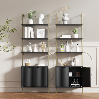 Set of 2 Ladder Bookshelf with Cabinet, 71" Tall Bookcase with Shelves & Storage, Fluted Ladder Shelf with Metal Frame, 6-Tier Display Rack for Living/Bedroom, Home & Office, Black & Gold