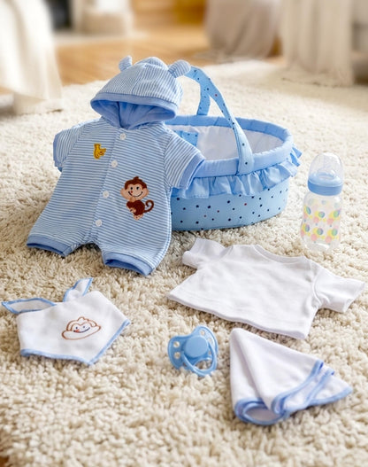 Aori 7 Pcs Reborn Baby Dolls Outfit Set with Bassinet Accessories for 16-18 Inch Newborn Doll, Blue Carrier Bed and Baby Clothes fit Newborn Doll