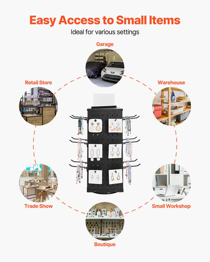 VEVOR Rotating Pegboard Display Stand, 7.4 x 7.4 x 17 in 4-Sided Spinning Peg Board Display with 24 Hooks, Thickened Cold-Rolled Steel Craft Rack Organizer for Grocery Retail Store Jewelry Shop, Black
