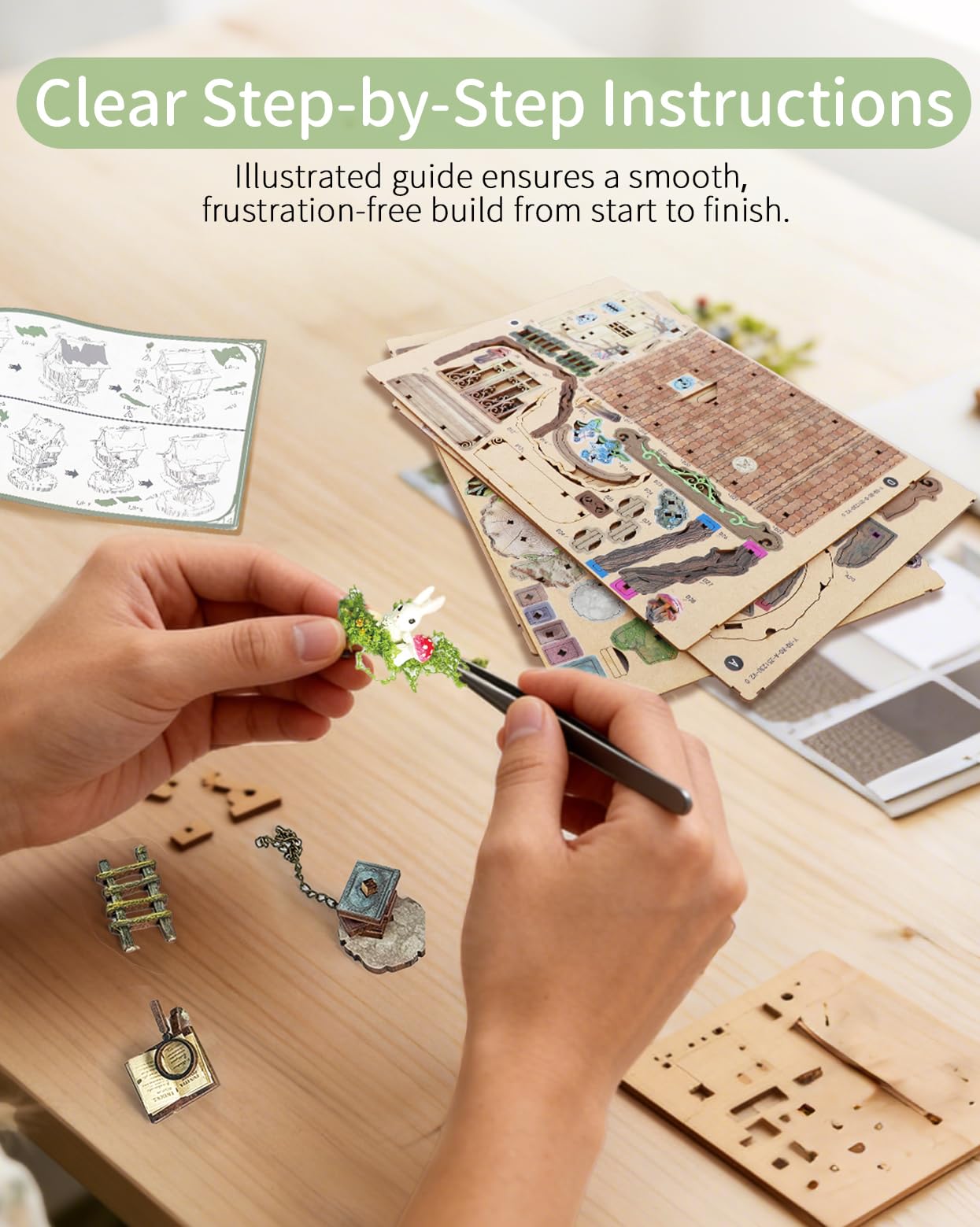 BELEEV DIY Miniature House Kit with LED Light, Fantasy Tree House Book Nook Kit for Adults, 3D Wooden Puzzle Model Building Kit, Dollhouse Bookshelf Decor, Creative Crafts Gift for Teens Adults