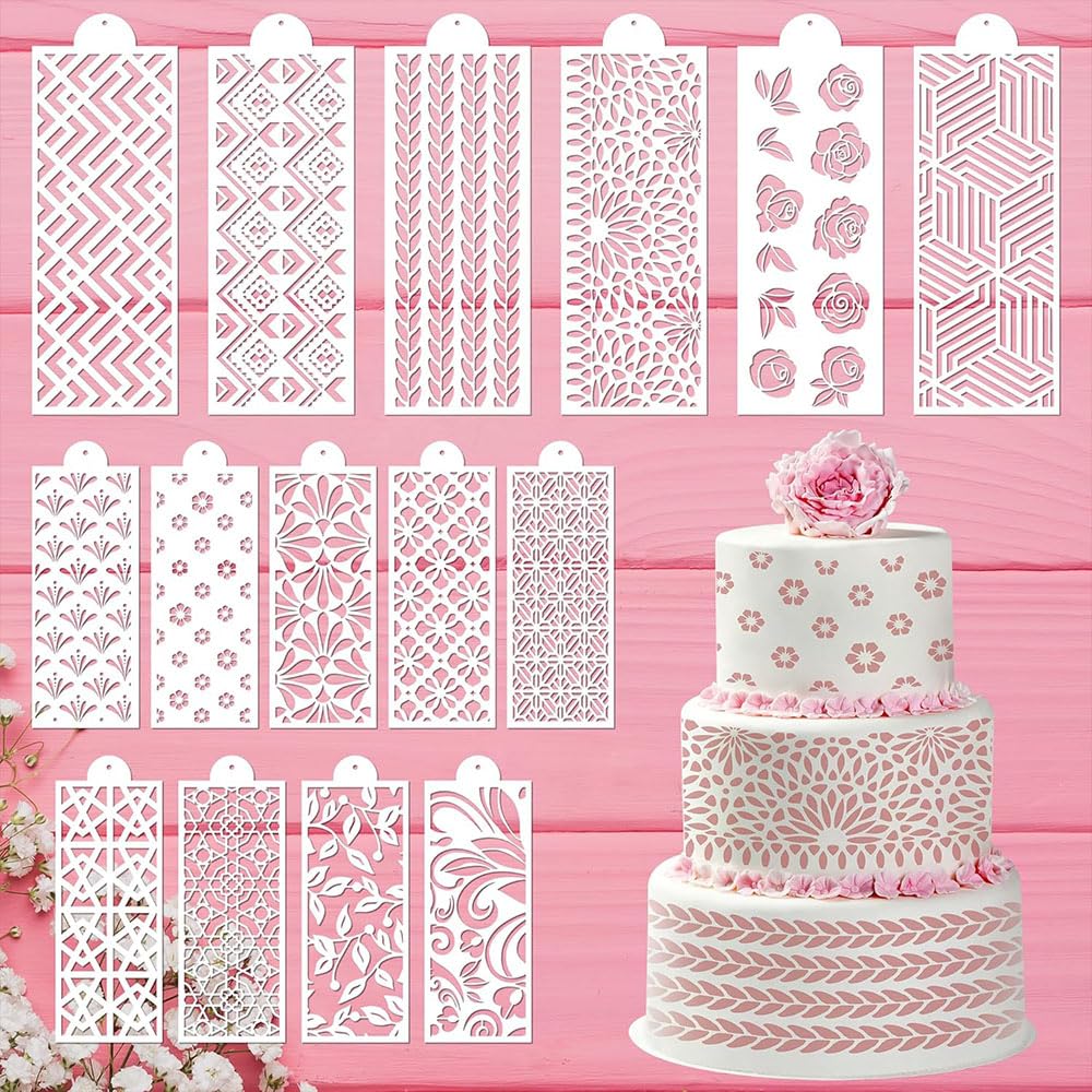 15 Pcs Cookie Stencils for Baking - Royal Icing & Buttercream Decorating Templates, Flower Roses & Folk Brick Designs for Cake Cookie Decoration