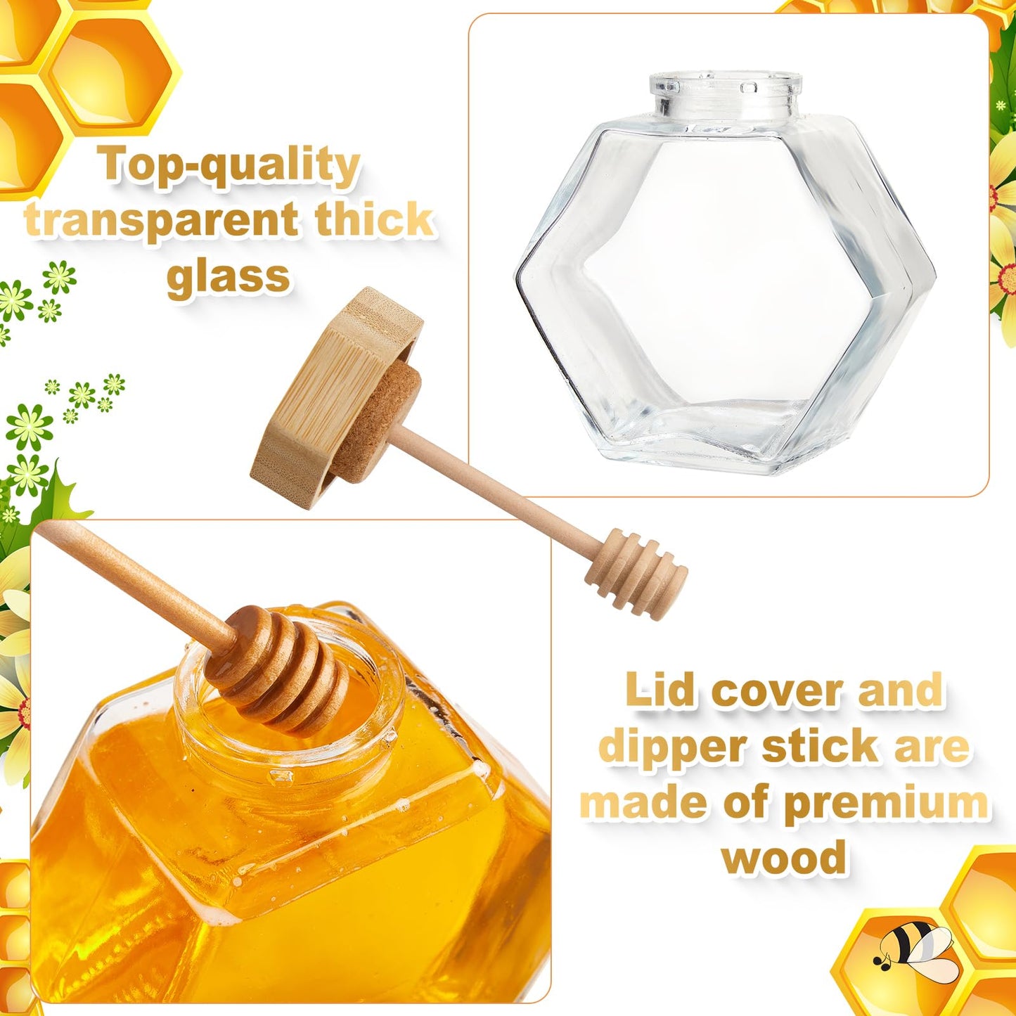 Sunnyray 20 Pcs Glass Honey Jars with Dipper Hexagonal Clear Glass Dispenser Small Honey Containers Bottle with Wooden Dipper and Cork Lid for Home Storage Kitchen (220 ml)