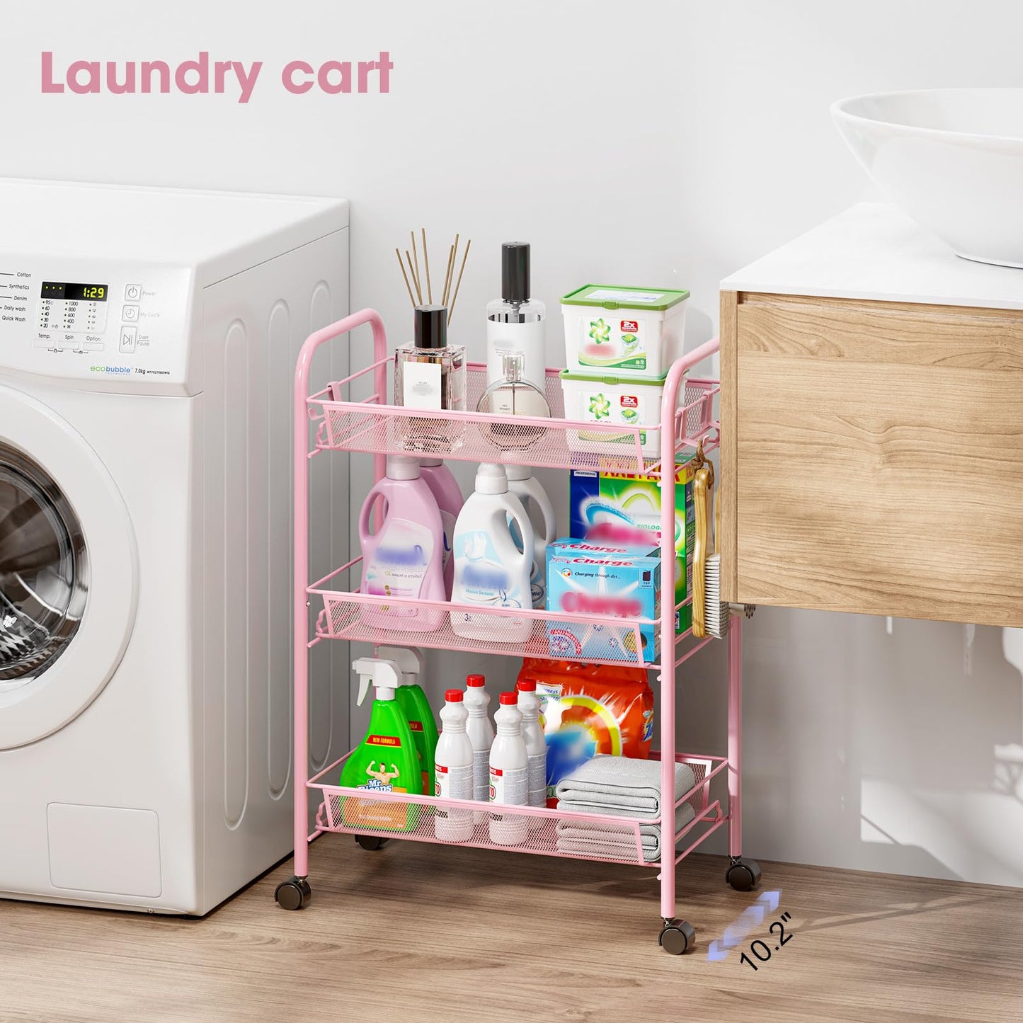 TOOLF 3 Tier Rolling Cart Pink - Metal Storage Organizer with Wheels, 33 lbs Shelf Capacity, Easy 5-Min Assembly, for Girls Room Bathroom Kitchen Office Nursery, Compact Design for Small Spaces, Pink