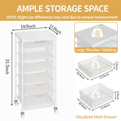 Sbanmao 6 Drawers Rolling Utility Cart, Rolling Storage Cart with Wooden Tabletop, Storage Drawer Cart on Lockable Wheels, Craft Cart for Bedroom, Classroom, Office, White