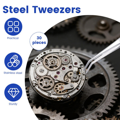 30 Pcs Stainless Steel Tweezers, Curved Serrated Tip Multipurpose Forceps, Crafting Sewing Machine Tweezers Bulk, Silver
