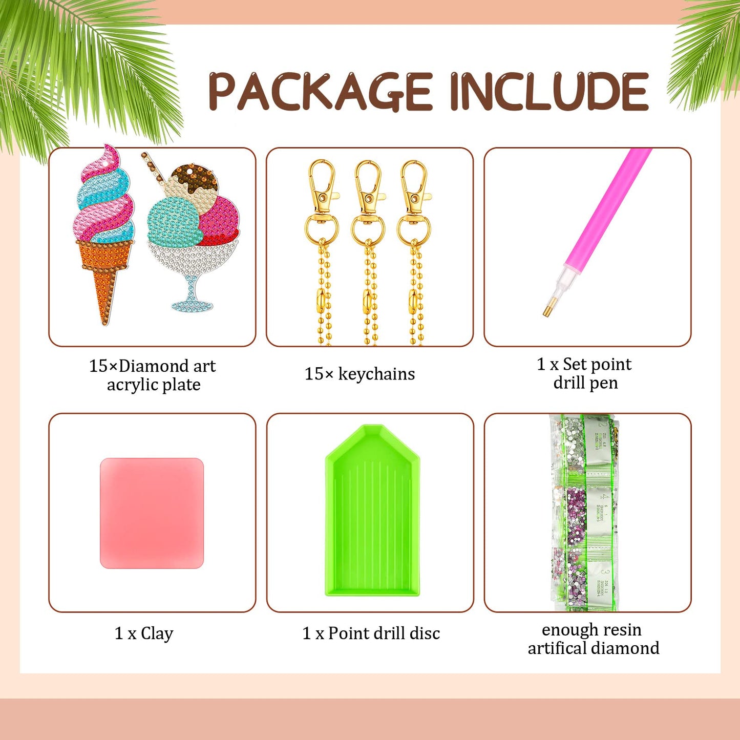 Estune 15 Pieces Summer Diamond Painting Keychain Kits 5d Ice Cream Diamond Art Keychains DIY Painting Kit Summer Hanging Diamond Art Kits Diamond Art for DIY Crafts