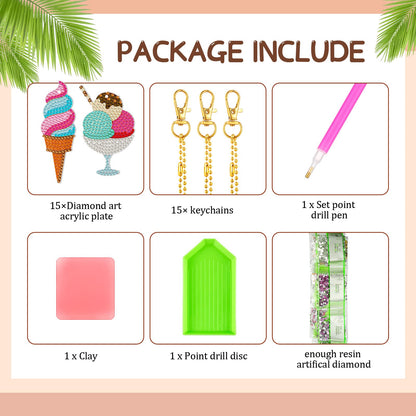 Estune 15 Pieces Summer Diamond Painting Keychain Kits 5d Ice Cream Diamond Art Keychains DIY Painting Kit Summer Hanging Diamond Art Kits Diamond Art for DIY Crafts