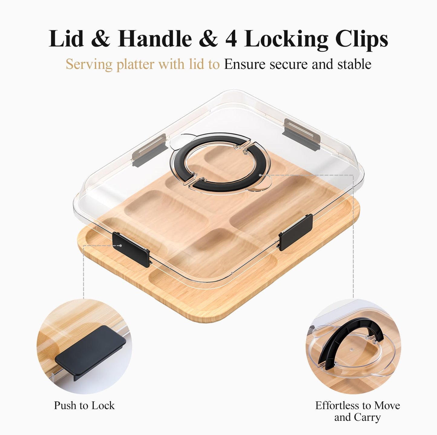 Charcuterie Board with Lid and Handle, Portable Travel Design Bamboo Cheese Board with Knife Set, Meat Fruit Serving Tray Platter, House Warming Gifts New Home, Gifts for Women, 6 Compartments