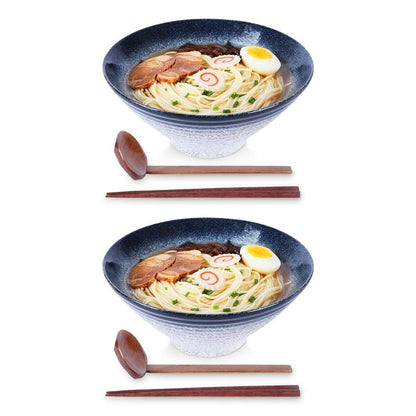 NJCHARMS Ceramic Ramen Bowl Set of 2, 60 oz Japanese Noodle Soup Bowls with Spoons and Chopsticks for Ramen Soup Pho Udon Asian Noodles, Large Noodle Bowls(Blue)