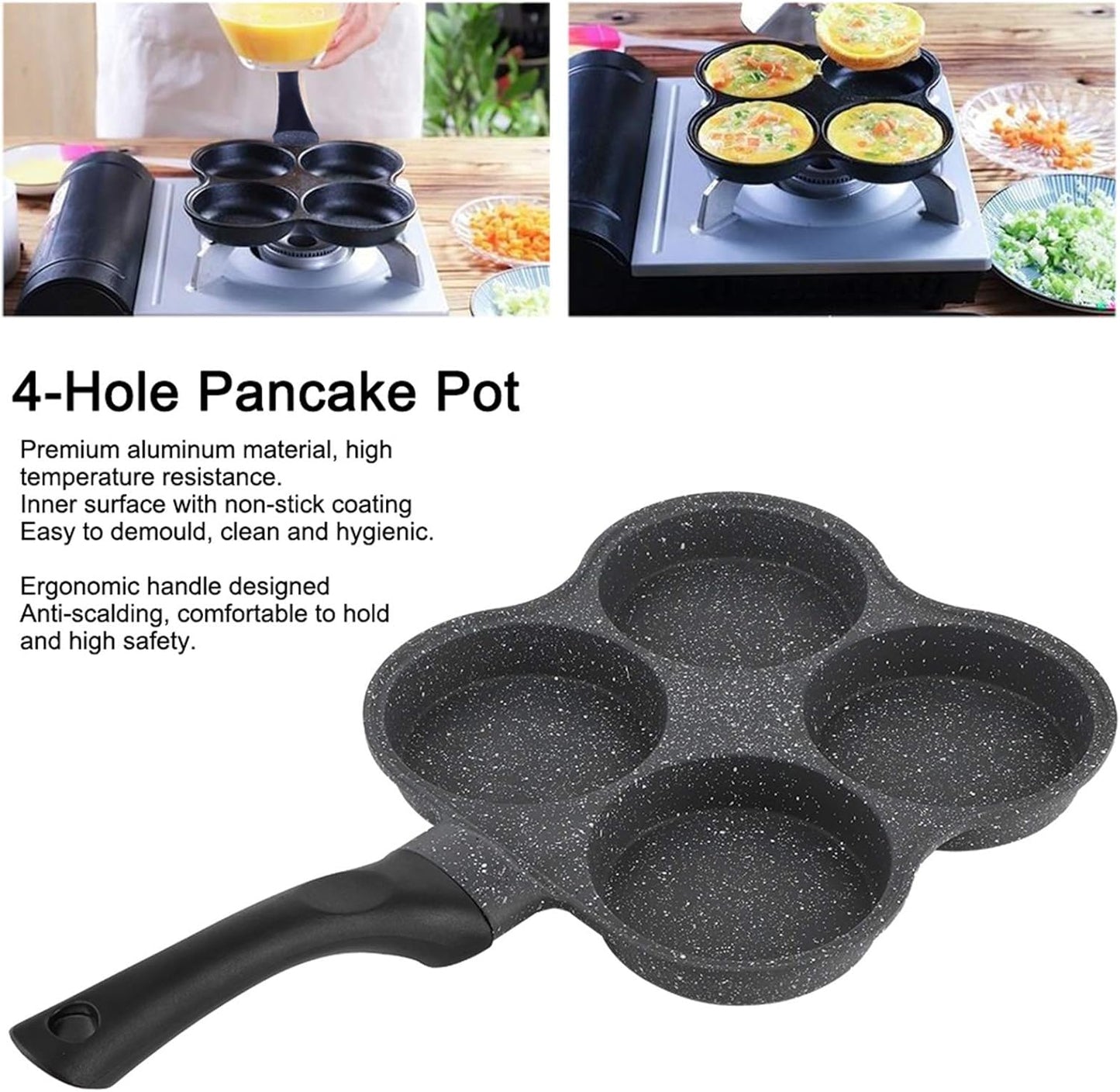 GLOGLOW Frying Pan, 14.4x7.7x1.0In Non-Stick Aluminum 4-Hole Pancake Omelet Maker, Practical Kitchen Utensil