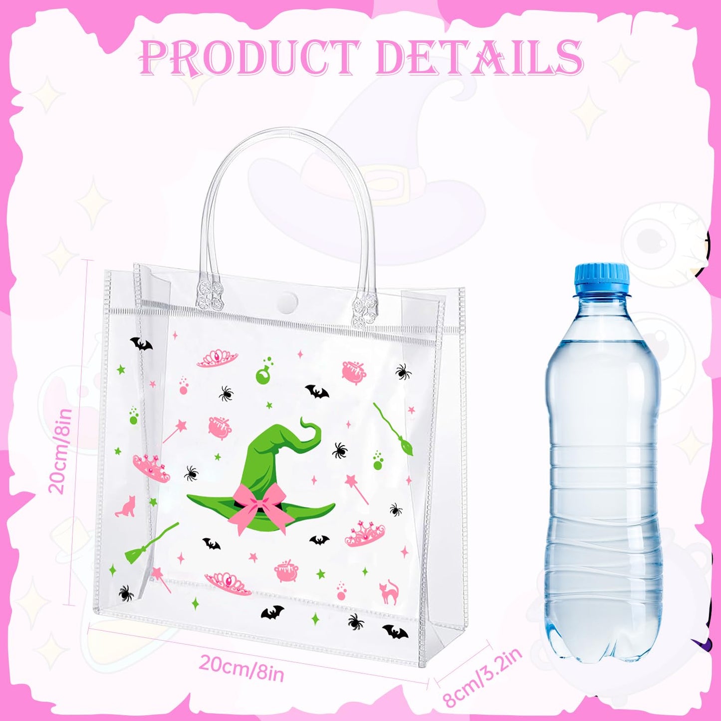Liobelon Witch Party Gift Bags 24-Pack - Witch Party Favors Plastic Goodie Bags with Handles, PVC Pink and Green Party Treat Bag for Women, Magic Easter Eggs, Magic Festival, Birthday Decorations