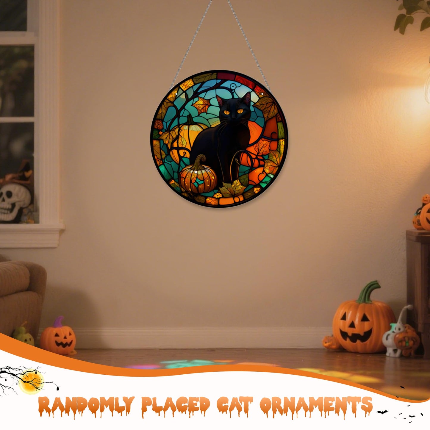 Halloween Decor, Black Cat Halloween Wreath Acrylic Window Hanging Decorations for Door Garden Bathroom Gifts Indoor Outdoor (Black cat)