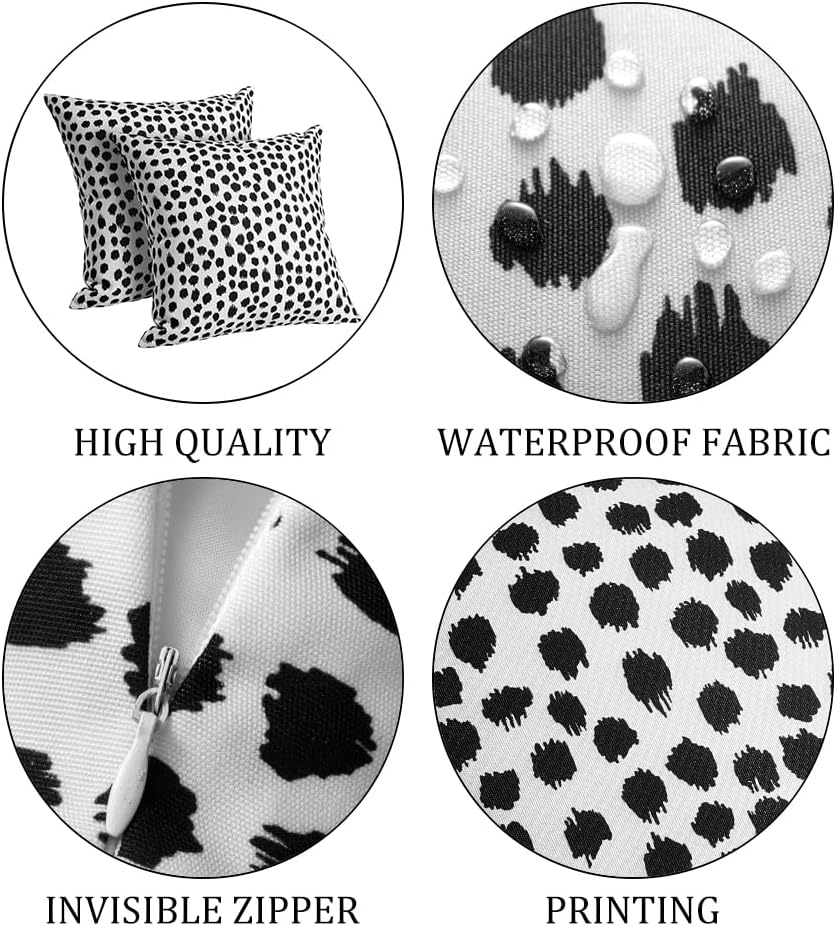 Outdoor Pillow Covers 18x18 Set of 2, Black Polka Dot Waterproof Decorative Cases for Summer Outdoor Sofa Bed Cushion