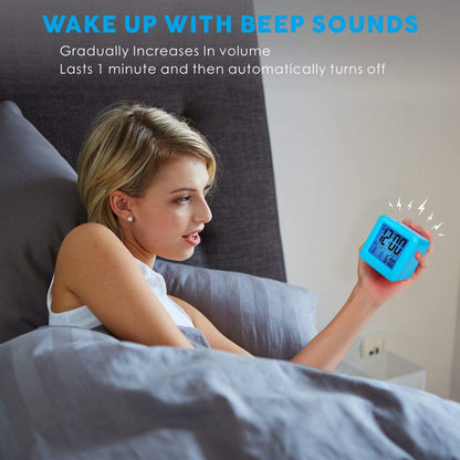 Plumeet Digital Alarm Clock for Kids, Snooze and Nightlight, Easy Setting Silicone Clock, Battery Powered (Blue)