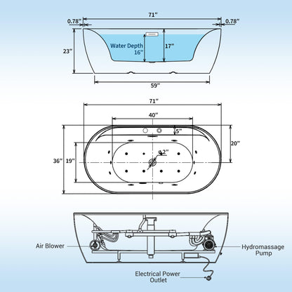 Water Therapy Freestanding Bathtub 71 inch Acrylic Massage Spa Tub with Heating System, Bubble Jets and Digital Control Panel for Bathroom Upgrade and Relaxation
