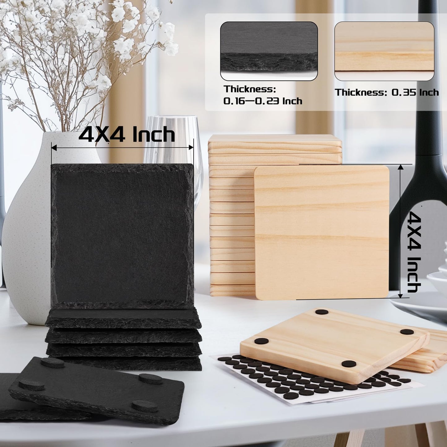 72 PCS Laser Engraving Coasters Blanks, MAPRIAL 4 Inch 36 PCS Black Slate Stone Drink Coaster Bulk, 36 PCS Wood Coasters, Engravable Materials for Engraver, Christmas, Wedding, Party, Crafts, Square