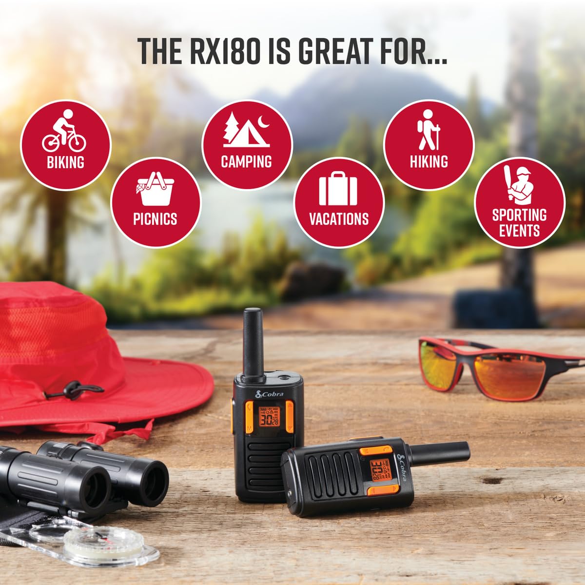 Cobra RX680 Walkie Talkies (2-Pack) - Rugged & Splashproof Two Way Radios Long Range, IP54 Water Resistant Design, 60 Pre-Programmed Channels, Weather Alerts, Included Charging Dock (Black/Orange)