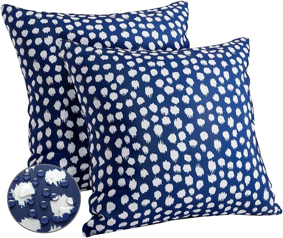 Outdoor Pillow Covers 18x18, Set of 2 Blue Polka Dot Waterproof Decorative Pillow Cases for Summer Outdoor Sofa Bed