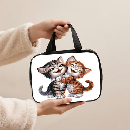 DIY diamond painting makeup bag kit, cheerful cat pattern sequined makeup storage bag with zipper, portable travel toiletries bag, as a handmade creative gift