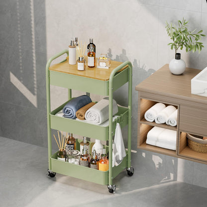johgee 3 Tier Rolling Cart with Table top, Metal Rolling Utility Cart, Sturdy Storage Organizer Cart with Locking Wheels & Hooks for Office, Classroom, Kitchen and Bathroom